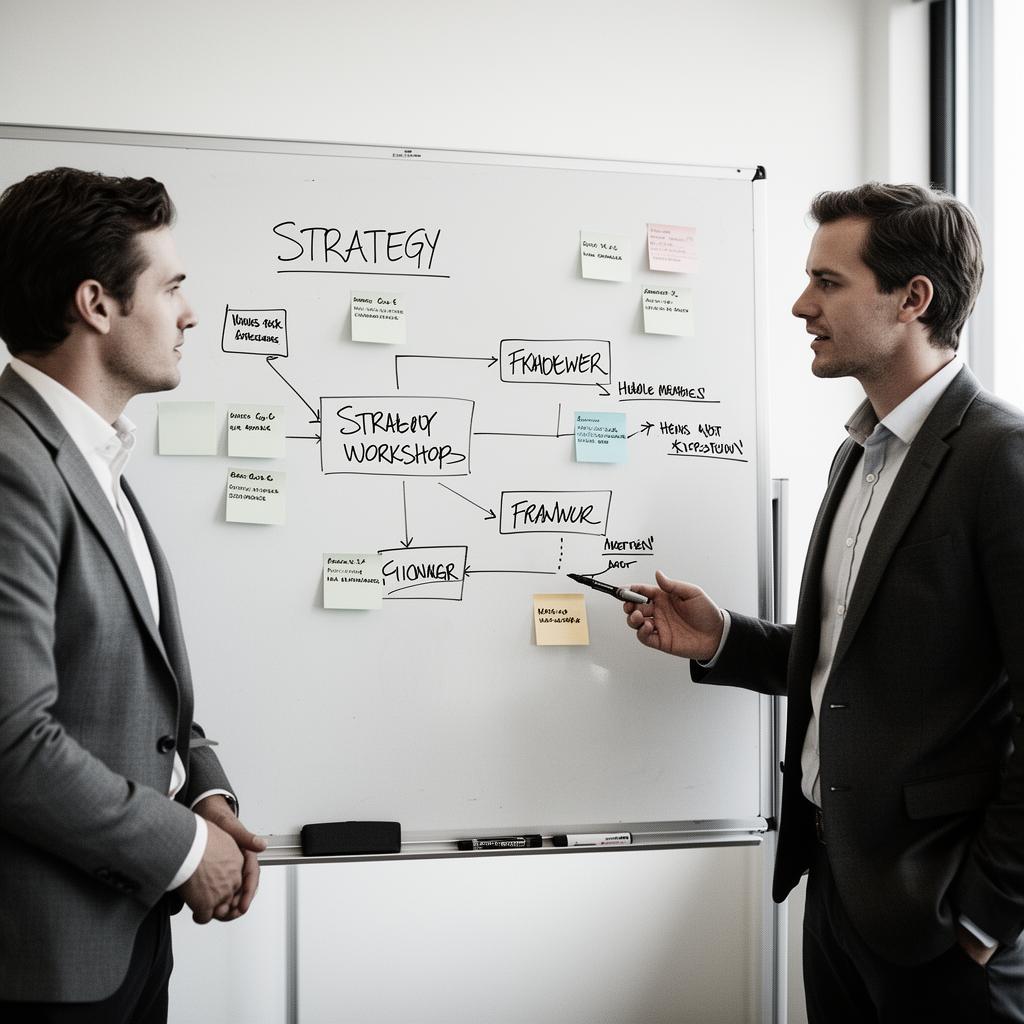 Strategie-Workshop am Whiteboard mit zwei Senior-Beratern